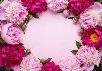 Beautiful pink and magenta peony flower wreath with copy space