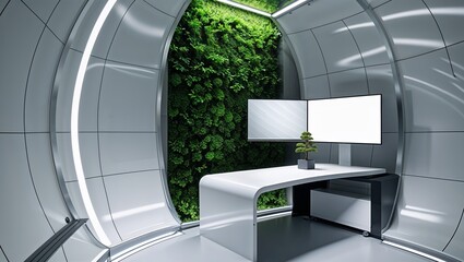 Fototapeta premium Futuristic workspace with a vertical garden, illuminated design and modern architecture.