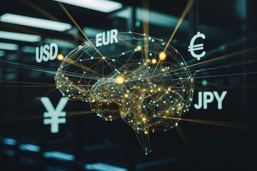 Financial intelligence concept: Brain representing global currency trading and market analysis