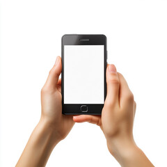 Two hands holding a black smartphone with a blank white screen mobile phone fingers