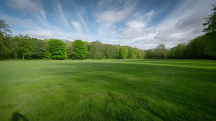 Vast green meadow under a dramatic sky with streaking clouds