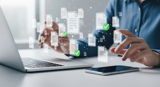 Person interacting with digital documents and data flow information technology - Powered by Adobe