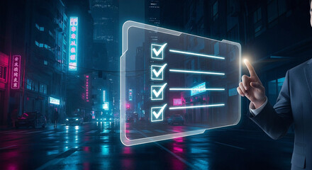 Businessman interacting with digital checklist in neon city at night technology futuristic