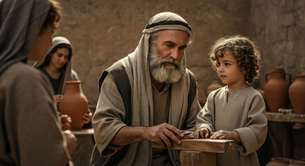 Saint Joseph teaching young Jesus Christ carpentry skills, biblical period. Learning a trade tradition for religious education.
