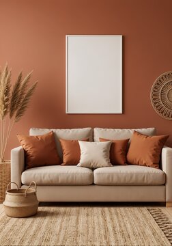 Cozy living room with neutral sofa, terracotta walls, and natural decor elements creating a warm ambiance.
