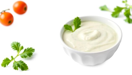 Creamy dipping sauce in a white bowl garnished with fresh parsley isolated on a white background with cherry tomatoes.
