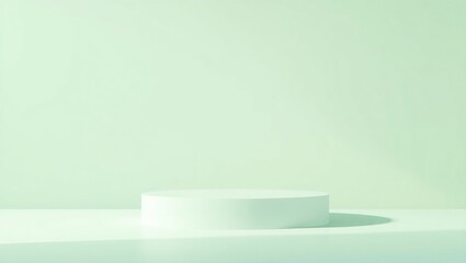 Minimalist Mint Green Studio with Cylindrical Pedestal and Soft Lighting.