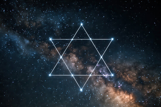 Glowing star of David constellation in deep space with visible galaxy and cosmic background

