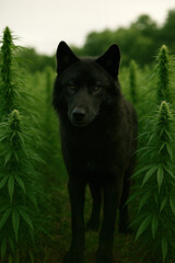 Black wolf standing alert between tall green plants in natural outdoor setting with blurred background
