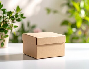 Caja de cartón reciclado sobre superficie blanca con fondo difuminado