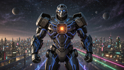 Futuristic robot stands tall amid a vibrant cybercity at night