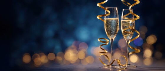 The elegant champagne glasses with shimmering ribbons for a festive celebration.