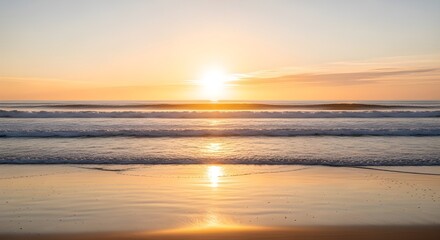 Naklejka premium Breathtaking golden sunrise over calm ocean waves creating a peaceful and tranquil scene for relaxation