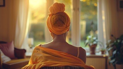 Serene Woman in Turban Looking Out Window Golden Light
