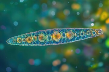 Microscopic image of a diatom, a single-celled algae with intricate, silica shell.