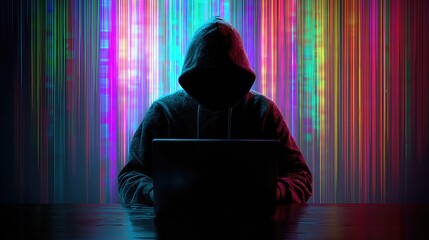 A hacker in dark clothing uses a laptop as neon data flows around him, symbolizing online threats.
