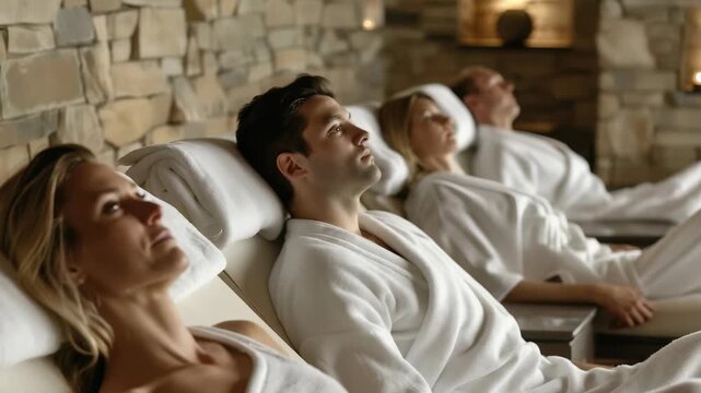 A group people wearing white robes relaxes in calm setting spa, enjoying moments tranquility. They foster relaxation, self-care in quiet atmosphere, resting on spa beds