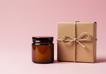 Amber glass cosmetic jar and kraft paper gift box with twine on a pink background