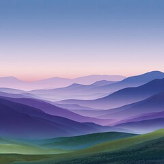 Serene sunrise over layered purple mountains, pastoral foreground, calm atmosphere; nature wallpaper