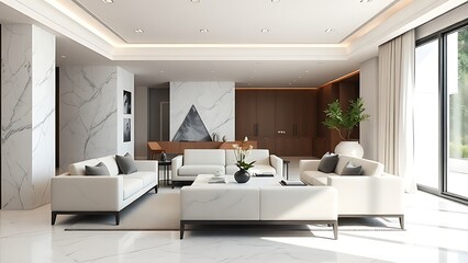 Contemporary lounge featuring a minimalist sofa and marble accents, showcasing clean lines and sophisticated design.