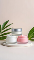 Luxury Skincare Cream Jars on White Tray with Green Leaves – Natural Beauty Care