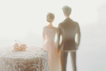 Blurry image of bride and groom figurines standing before a wedding cake adorned with lace and roses.