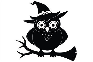 Fototapeta premium Cute cartoon owl wearing a witch hat perched on a branch silhouette