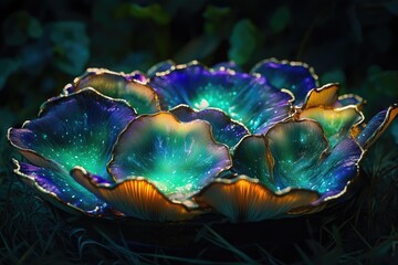 Iridescent bioluminescent mushrooms glowing in the dark, vibrant colors, magical scene.
