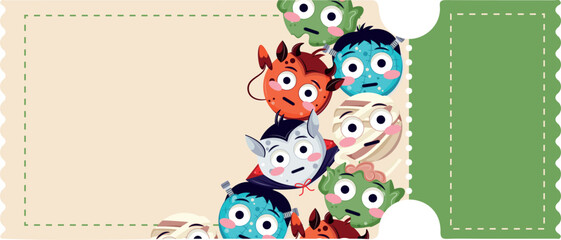 Halloween tear-off coupon template with Halloween emoticons with scared facial expressions, for holiday discounts or promotions