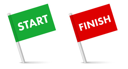 Start and finish map pointer pin flags green and red flag. 3D realistic vector illustration isolated on white.