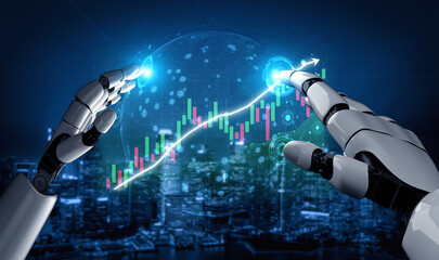Futuristic Robotic Hands Interacting with Digital Stock Market Visualization and Graphs for Financial Technology Concepts Impute.