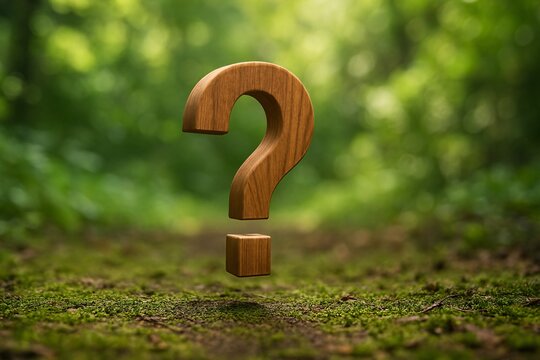 Floating Wooden Question Mark in Forest with Soft Green Bokeh Background Symbolizing Mystery, Curiosity, and Nature-Inspired Problem Solving