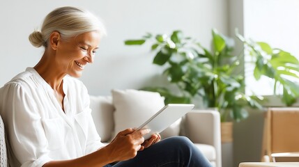 A positive senior woman uses a tablet for a telehealth video call or to follow an online wellness class, smiling in a sunlit, plant-filled home environment.