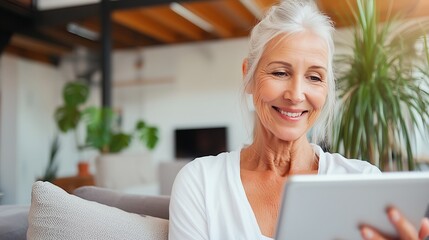 A positive senior woman uses a tablet for a telehealth video call or to follow an online wellness class, smiling in a sunlit, plant-filled home environment.