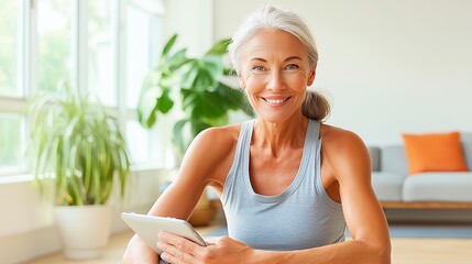 A beautiful and confident senior woman with elegant silver hair holds a tablet, embodying a positive image of lifelong learning and engagement with technology.