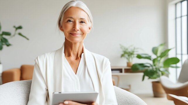 A positive senior woman uses a tablet for a telehealth video call or to follow an online wellness class, smiling in a sunlit, plant-filled home environment. - Powered by Adobe