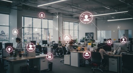 Office space with network connections overlay showing collaboration and teamwork concept in a modern workspace