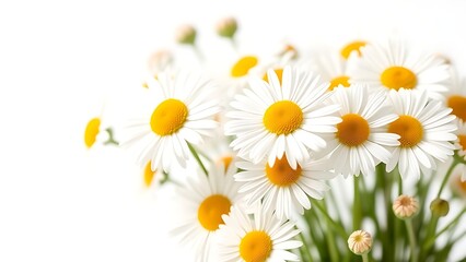 Obraz premium A delicate arrangement of fresh daisies basks in soft daylight against a white backdrop.