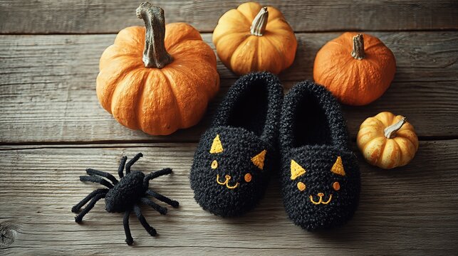 Adorable black cat slippers, pumpkins, and a small spider rest on a wooden floor in a child’s Halloween scene.
