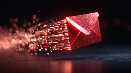 A red email envelope icon soars through a futuristic data stream, symbolizing fast digital communication.
