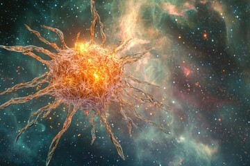Fototapeta premium A fiery, intricate cell structure against a cosmic nebula backdrop, illustrating cellular complexity and the vastness of space.