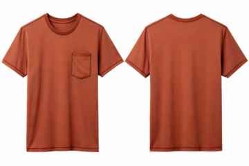 Two orange cotton t shirts one with pocket front view and back view isolated on transparent background