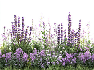 Naklejka premium Lush purple lavender and small purple flowers border with green grass floral border