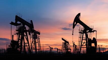 The silhouette of oil pumpjacks against a vibrant sunset backdrop.