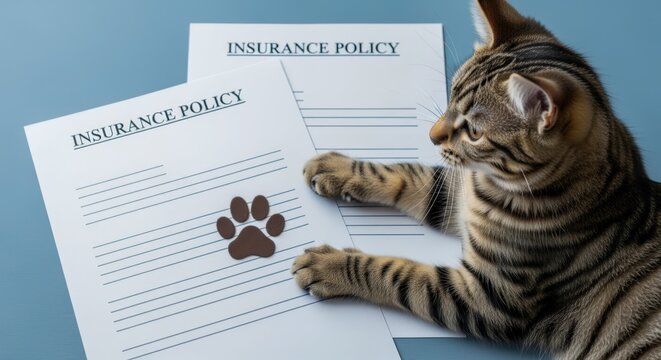 Cat inspecting insurance policy document, symbolizing pet health coverage and financial security for animal care