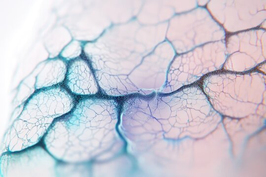 Abstract close-up of a delicate, teal network resembling veins or capillaries on a pastel background.