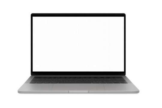 Modern silver laptop showing blank screen on transparent background
