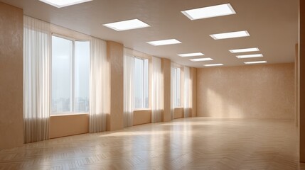 Obraz premium Bright Empty Room with Large Windows and Neutral Colors, Ideal for Office or Studio Space