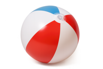 Inflated beach ball with red white and blue panels on transparent background