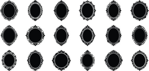 Vector art of collection of 15 ornate oval and diamond shaped decorative frames and borders, isolated on transparent background